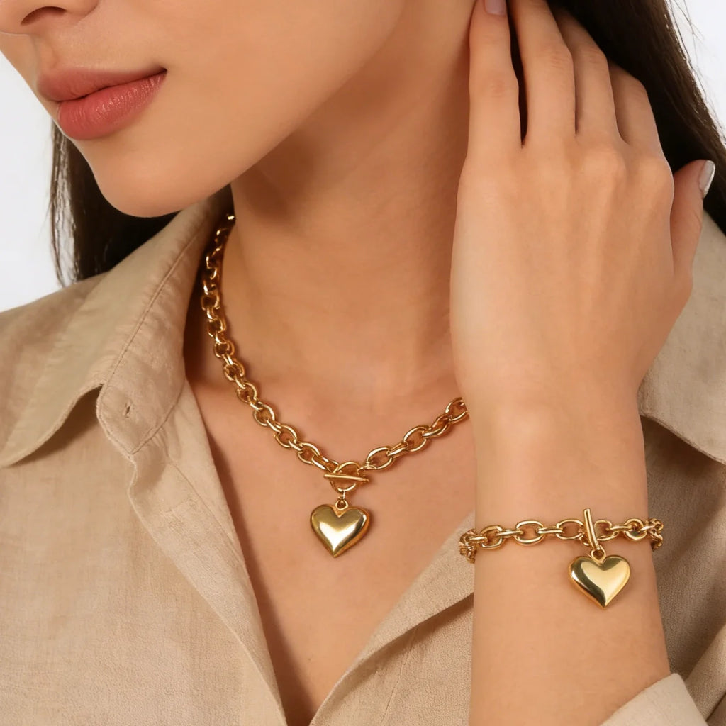 LUXUKISSKIDS Fashion Cubic Love Heart Minimalist Jewelry Set Necklace Earrings Bracelets Stainless Steel Women Party Accessories