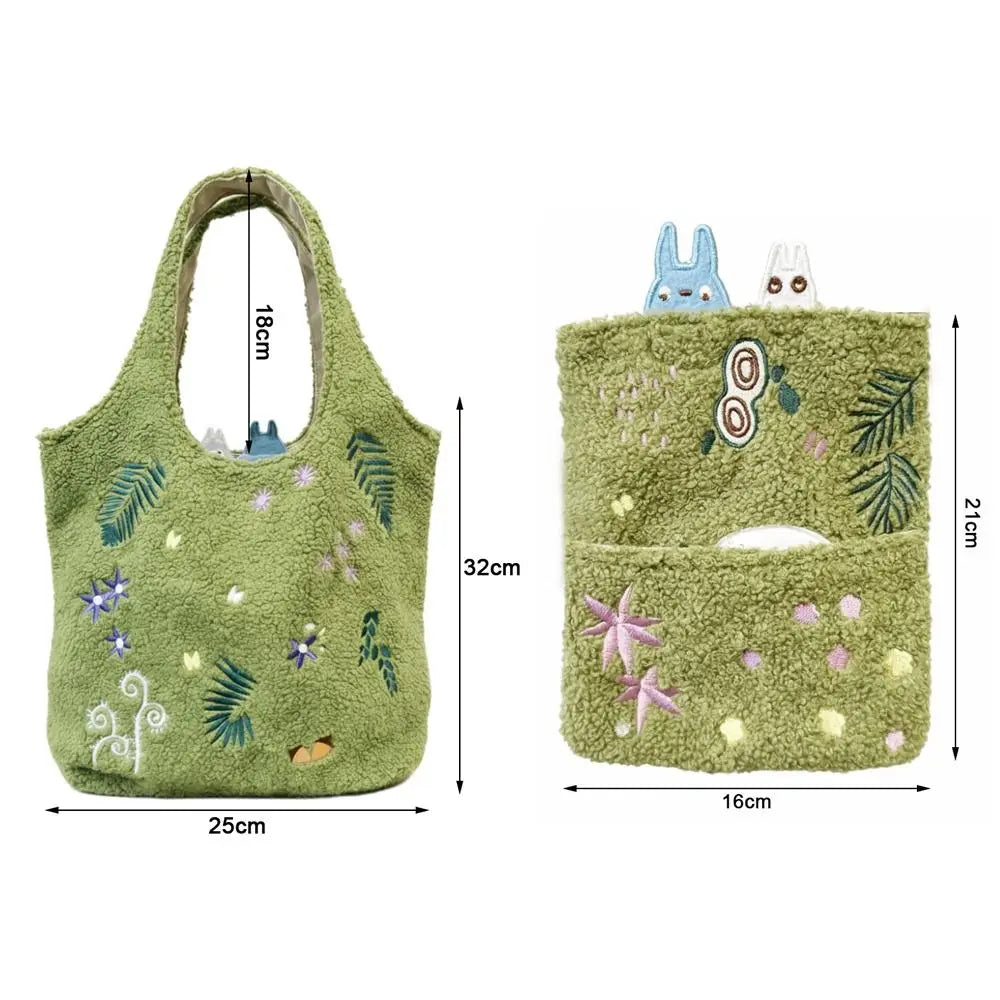 Lamb Wool Embroidered Lamb Bag Green Cartoon One-Shoulder Handbag Square Shape Foldable Mobile Phone Bag Casual Occasions