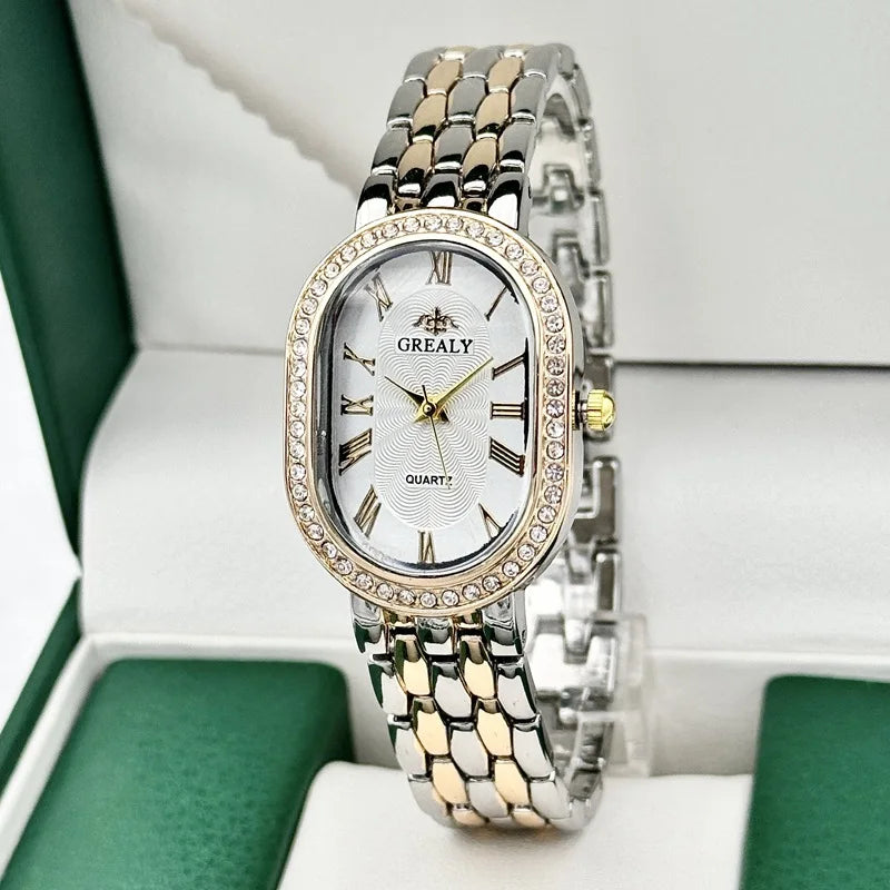 Ladies' Watches Fashionable Luxury Wrist Watch Diamond Encrusted Oval Roman Numeral Dial Quartz Watch Women's Clock