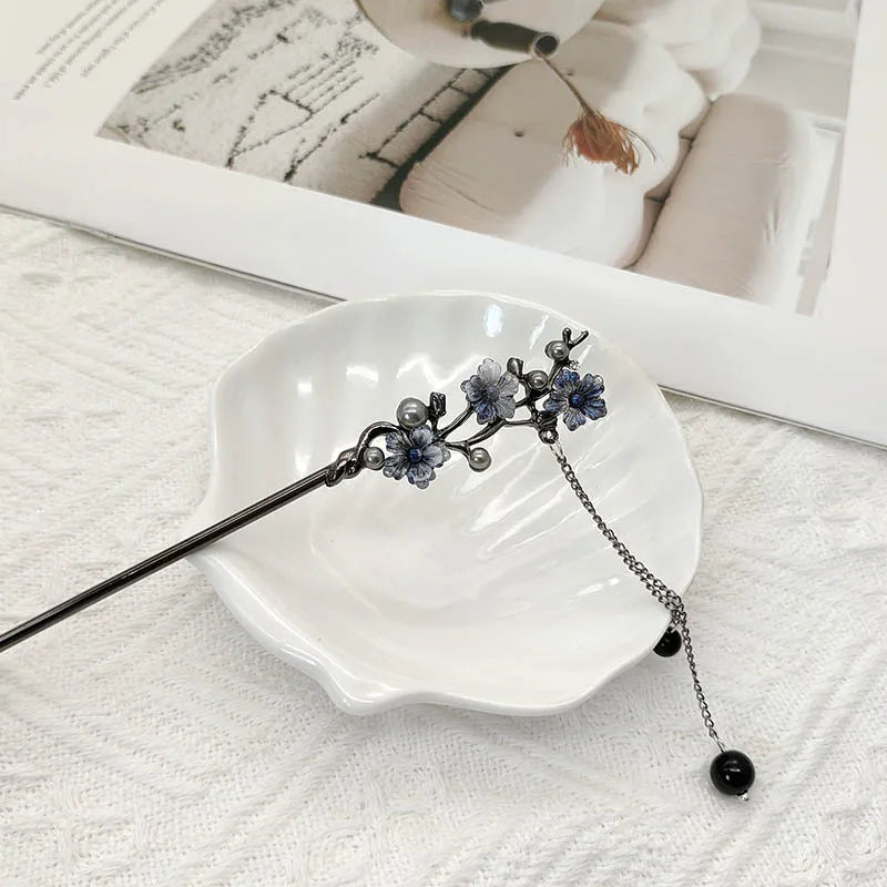 Ink Flower Tassel Hair Stick For Women Chinese Hanfu Hair Accessories Classic Cheongsam Decor Hairpin Retro Metal Hair Jewelry