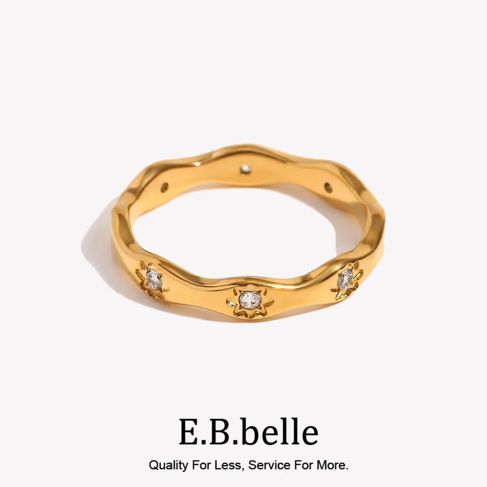 E.B.belle Rhinestone Eight Awn Star Wave Shape Ring  Stainless Steel 18k Gold Plated Exquisite Women Jewelry For Party Dating
