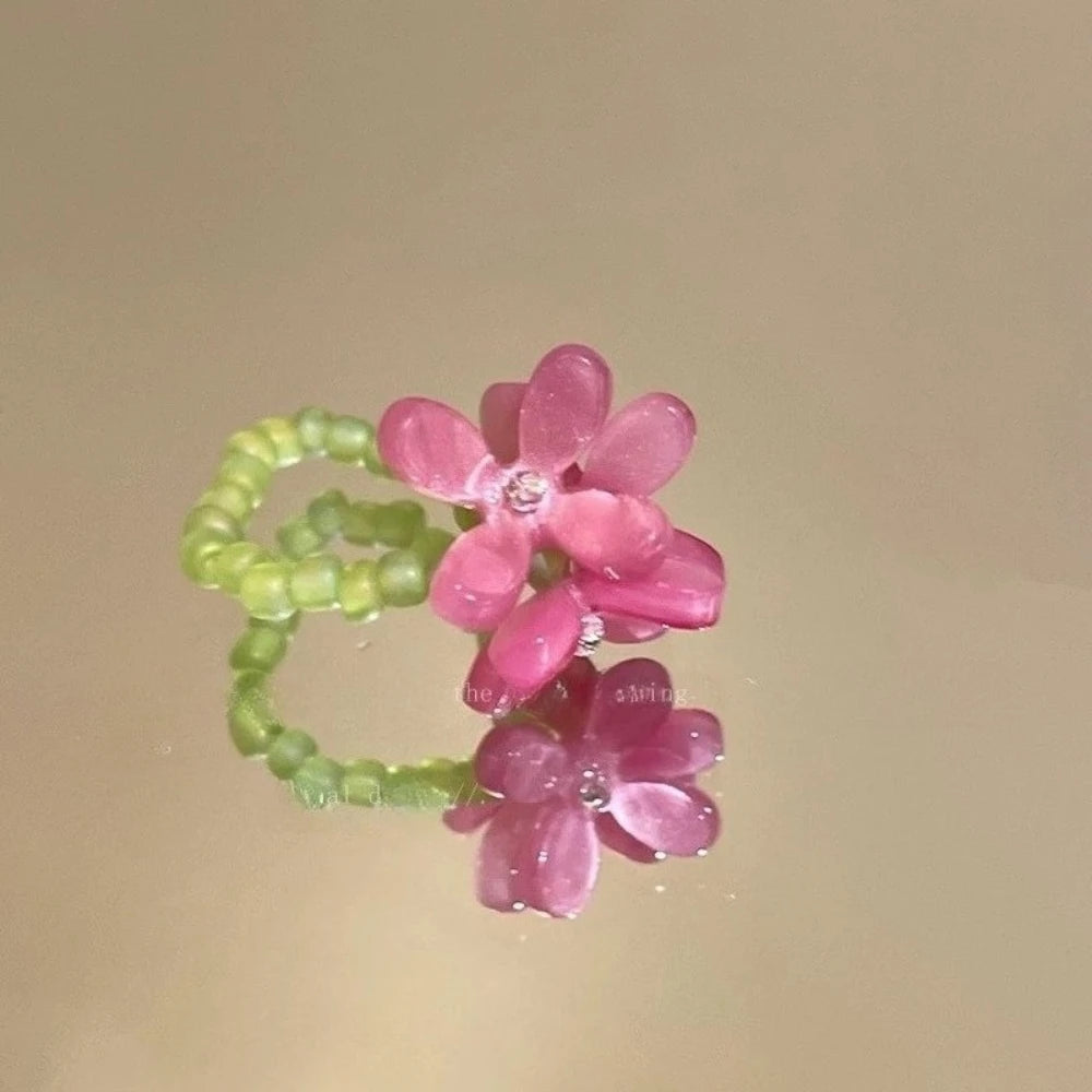 New Romantic Cute Violet Flower Ring Spring Summer Elastic Beaded Rings for Women Friends Korea Finger Jewelry Accessories Gift