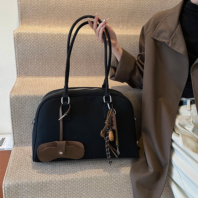 Big Size Women Bowling Bags Suede Pure Color Large Capacity Shoulder Crossbody Bag With Long Strap 2024 Luxury Designer Handbags