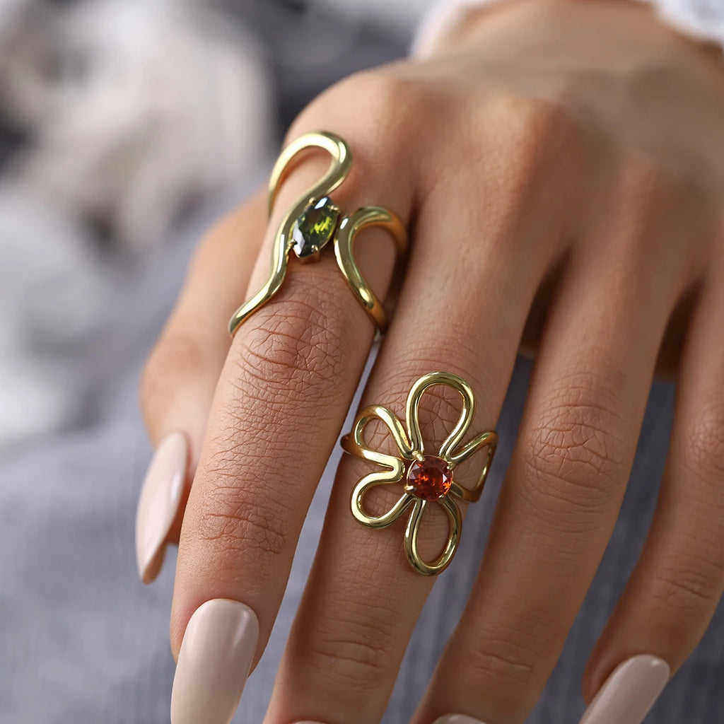 WILD & FREE 18K Gold Plated Stainless Steel Irregular Rings for Women Chic Exquisite Luxury Vintage Crystal Trendy Jewelry
