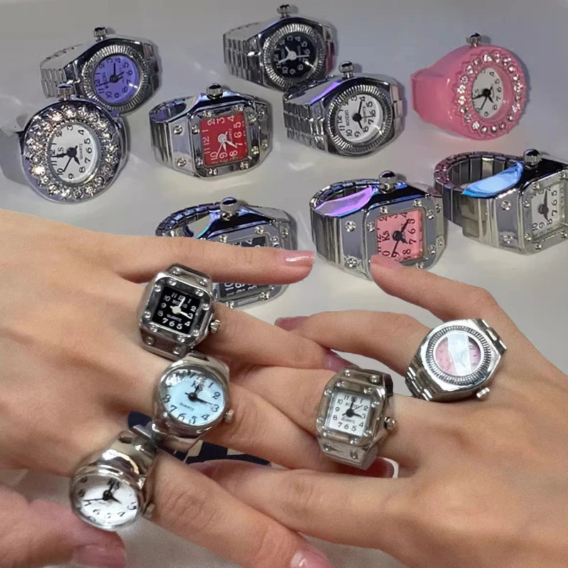 Vintage Punk Finger Watch Mini Elastic Strap Alloy Watches Couple Rings Jewelry Clock Retro Roman Quartz Watch Rings Women Men