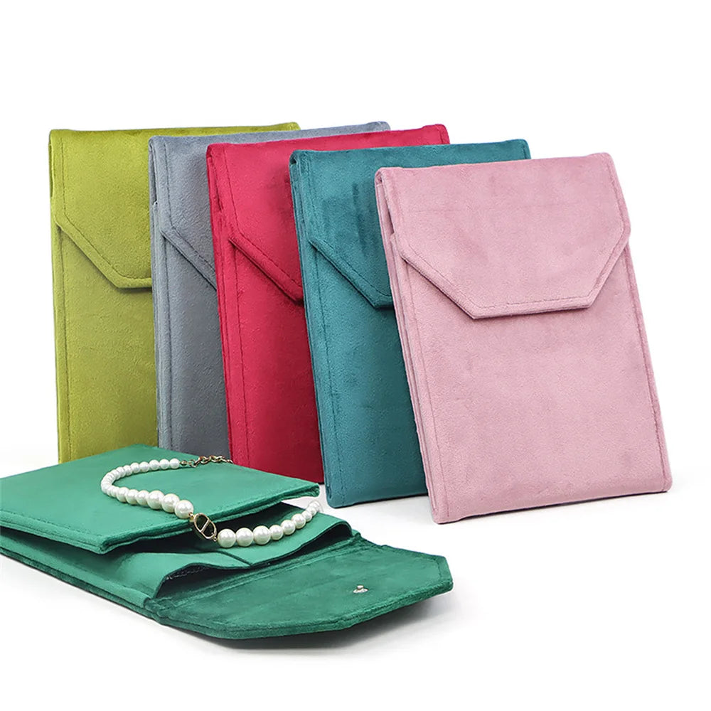 Velvet Jewelry Organizer Pouch Pearl Necklace Bag Portable Earring Ring Storage Bag Foldable Snap Button High-end Packaging Box
