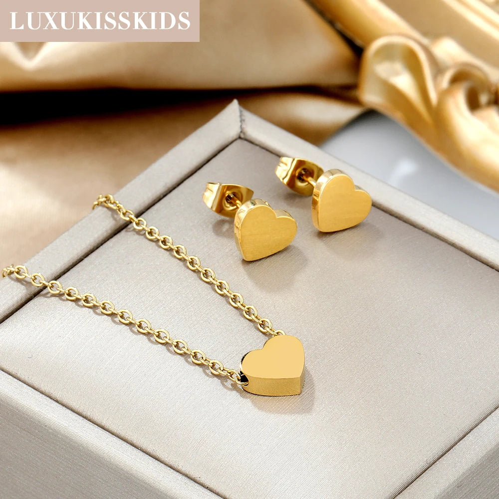 LUXUKISSKIDS Fashion Cubic Love Heart Minimalist Jewelry Set Necklace Earrings Bracelets Stainless Steel Women Party Accessories