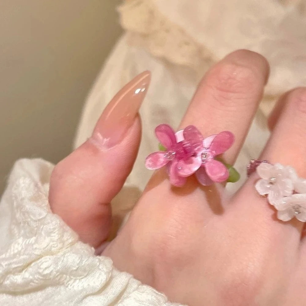 New Romantic Cute Violet Flower Ring Spring Summer Elastic Beaded Rings for Women Friends Korea Finger Jewelry Accessories Gift