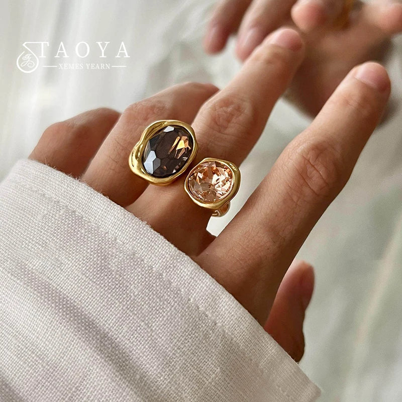 European and American Retro Metal Geometric Rhinestone Contrasting Open Rings For Women‘s Trendy Jewelry Finger Accessorioes