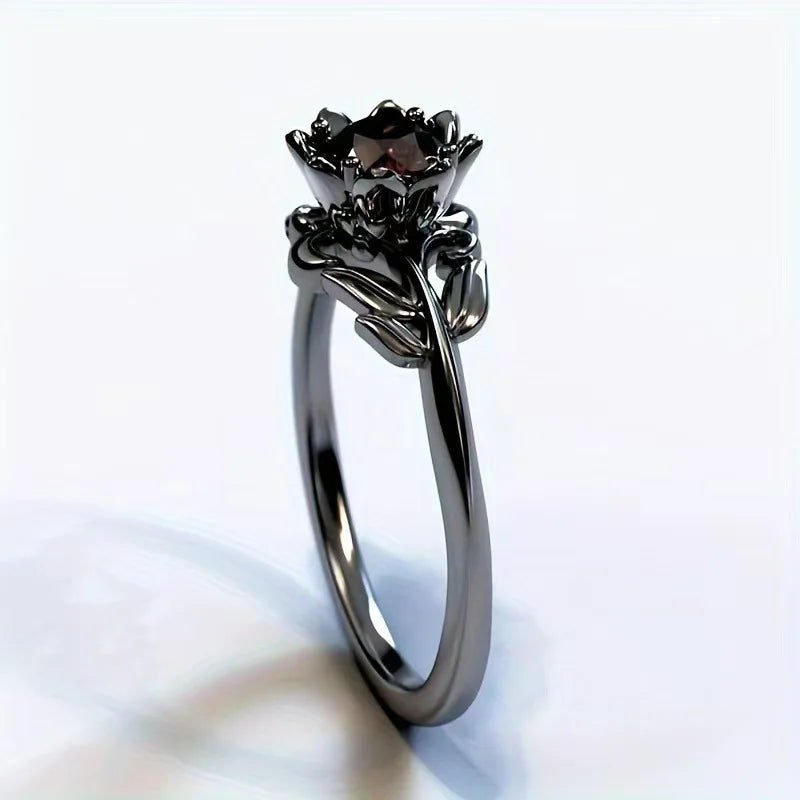 Charm Black Color Flower Round Rings for Women Red Stone Rings Jewelry Party Gift