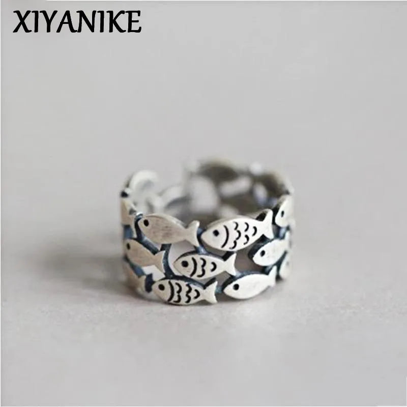 XIYANIKE Silver Color Handmade Engagement Rings for Women Wedding Couple Creative Design Cute Fishs Jewelry Adjustable