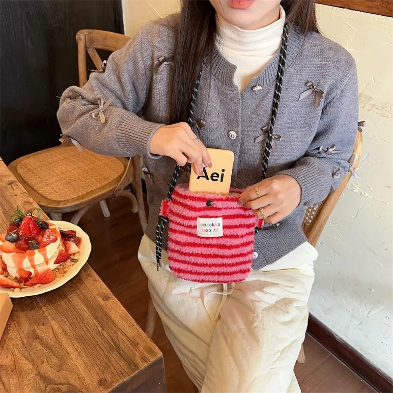New Fashion Plush Rainbow Polka Dot Cute Little Bag Pink Shoulder Crossbody Bag Women Shopping Storage Bag Portable Phone Pouch